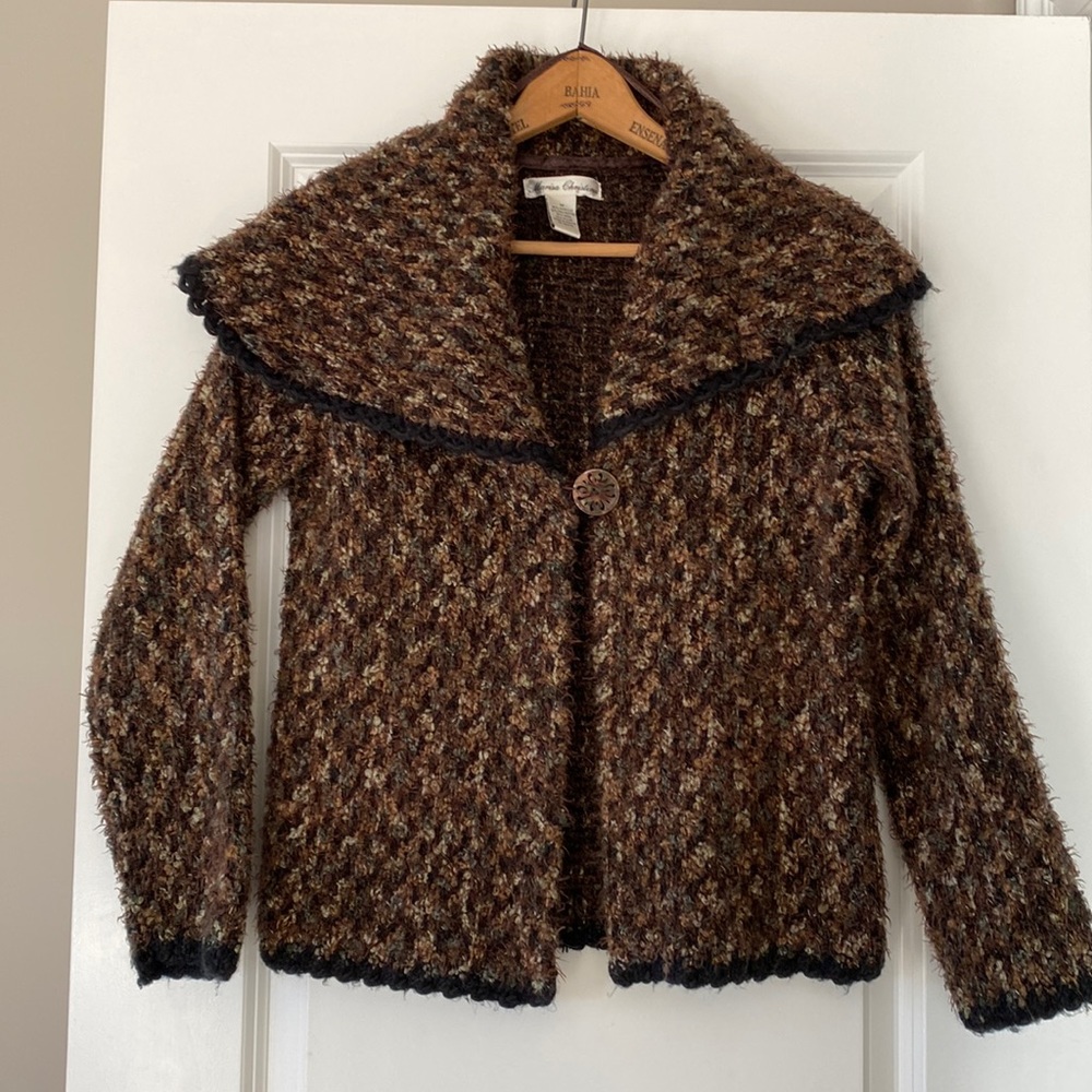 Marisa Christina Boucle Knit Open Front Cardigan w Collar Brown w Black Trim